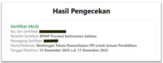 Hasil pengecekan sertifikat